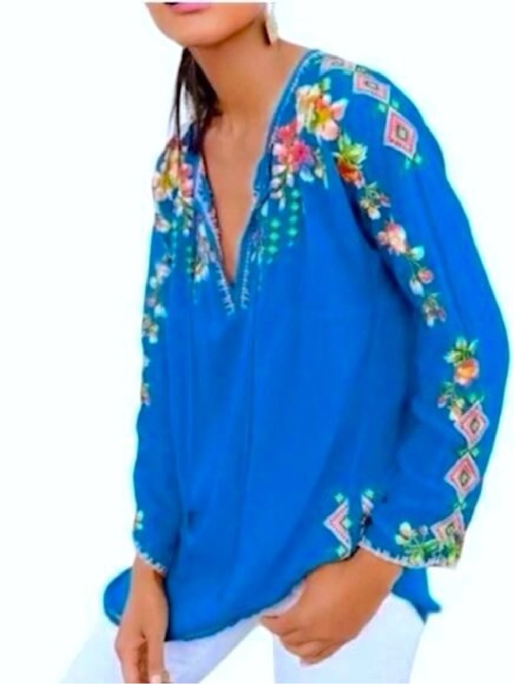 Johnny Was Vanessa Tunic Blouse  Blue Embroidered Cupra Floral Boho Tunic